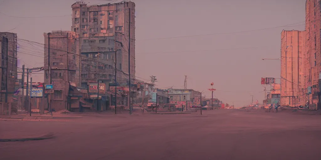 Image similar to photo of city street neon on mars, norilsk city, telephoto, anamorphic cinematography, beautiful composition, color theory, leading lines, photorealistic, moody volumetric lighting