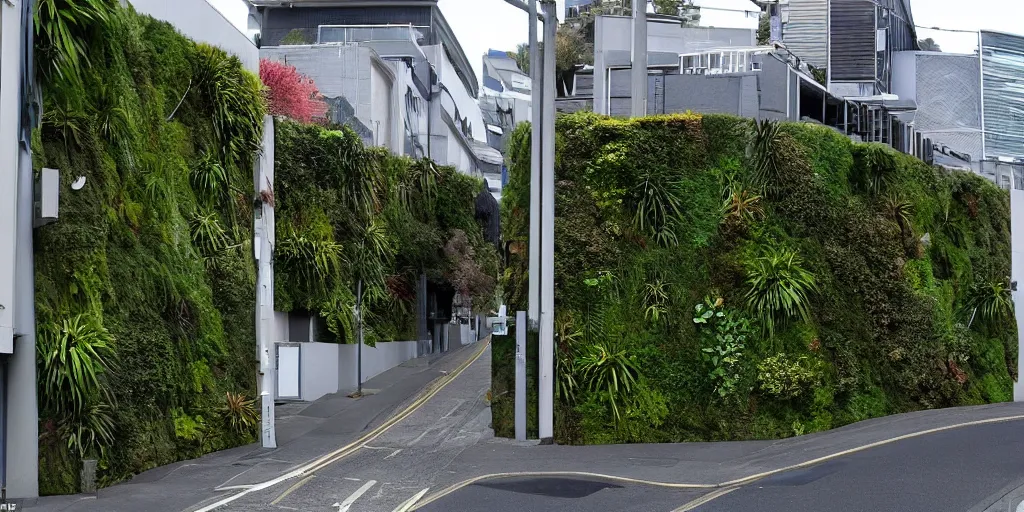 Image similar to a street in wellington, new zealand where the building walls are covered in living walls made of nz endemic plants. google street view