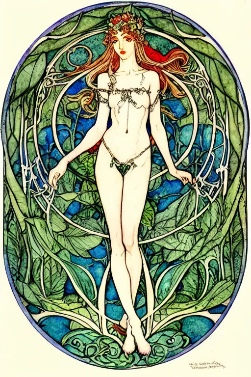 Image similar to elven art nouveau goblet of win watercolor painting in the center of a circular frame of leaves, art by walter crane and arthur rackham, illustration style, watercolor