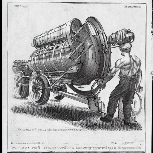 Image similar to a muscular bald man carrying engines on his back, technical diagram, diesel engine, gasoline engine, combustion engine