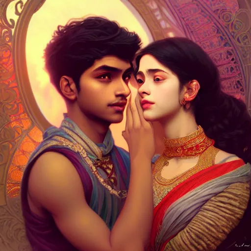 Image similar to portrait of beautiful young bengali romantic couple fantasy, intricate and very very beautiful and elegant, highly detailed, digital painting, artstation, concept art, smooth and sharp focus, illustration, art by tan zi and ayanamikodon and alphonse mucha and wlop