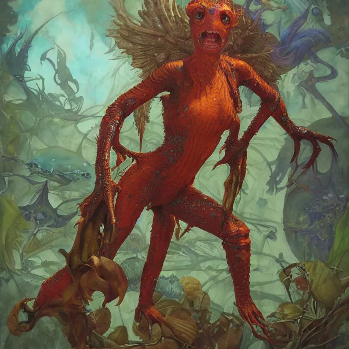 Prompt: a portrait photograph of claire danes as a brightly colored harpy amphibian hybrid with wet mutated skin. wearing a prosthetic organic catsuit. by tom bagshaw, donato giancola, hans holbein, walton ford, gaston bussiere, brian froud, peter mohrbacher and magali villeneuve. 8 k, cgsociety