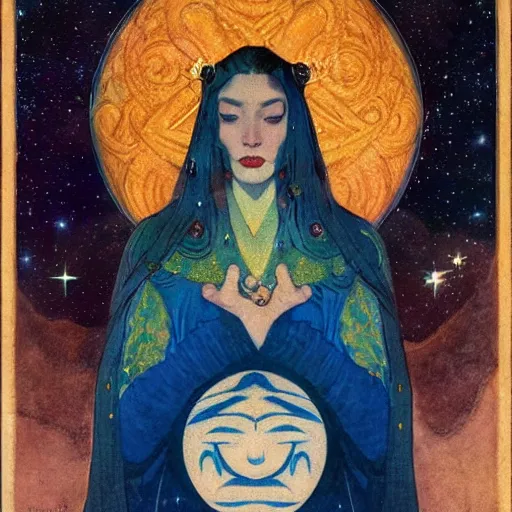 Image similar to queen of the moon with stars in her hair, by nicholas roerich and annie swynnerton and donato giancola and dulac, dramatic lighting, god rays, geometric tattoos, rich colors, smooth sharp focus, extremely detailed, leo and diane dillon, adolf wolfli