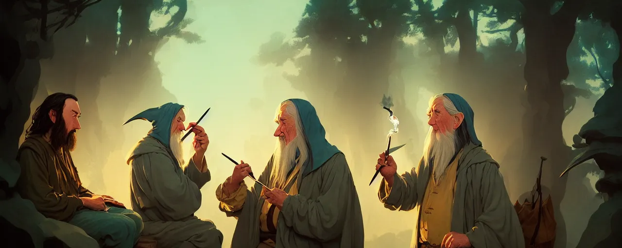 Image similar to duotone illustration 3 / 4 of 2 people : jrr tolkien and wizard gandalf in hobbit house smoking pipe rustical style. cinematic volumentric lighting. accidental renaissance. by sachin teng and sergey kolesov and ruan jia and heng z. graffiti art, scifi, fantasy, hyper detailed. octane render. concept art. trending on artstation