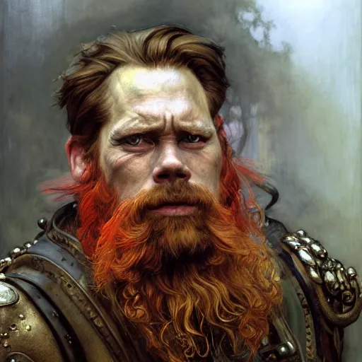 Image similar to highly detailed portrait of a poor smith in the form of a beautiful male dwarf with red beard. d & d. art by donato giancola, eugene delacroix, ruan jia, carl larsson, peter mohrbacher. trending on artstation, intricate details, energetic composition, concept art, illustration, global illuminaition, face of kevin bacon