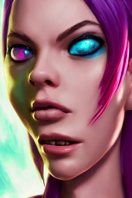 Image similar to ultra realistic facial portrait of jinx from league of legends, digital art, character portrait, highly detailed, trending on artstation, lens flare, atmosphere, hyper realistic, cinematic lightning, sharp focus, unreal engine 5, extreme details perfect face, pretty face, fine - face, illustration, 8 k, ultra texture, masterpiece