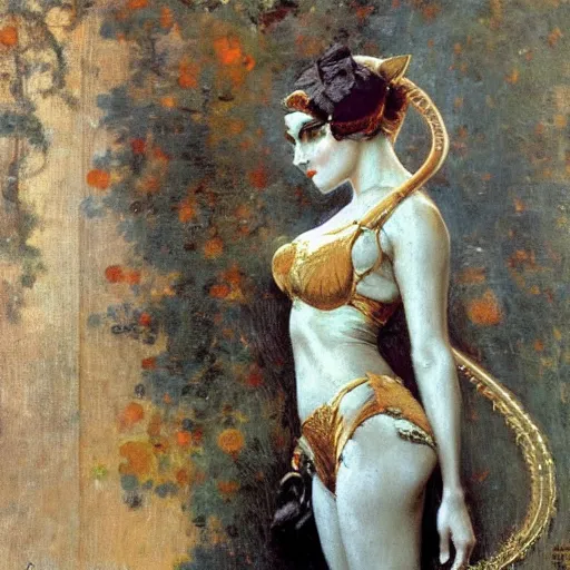 Image similar to detailed potrait ofcatwoman in baroque painting, girl graceful,, painting by gaston bussiere, craig mullins, j. c. leyendecker, lights, art by ernst haeckel, john william godward, hammershøi,,