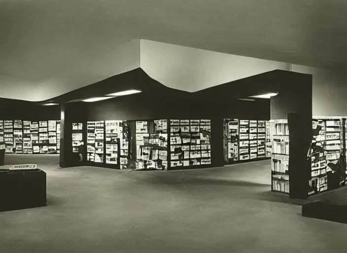 Prompt: a videostore. bauhaus style