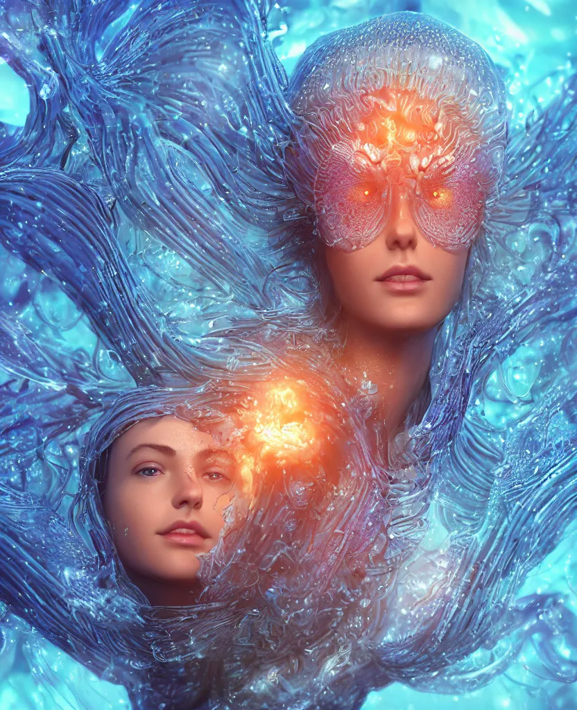 Image similar to close-up macro portrait of the face of a beautiful princess, epic angle and pose, symmetrical artwork, 3d with depth of field, blurred background, cybernetic jellyfish female face skull phoenix bird, translucent, nautilus, energy flows of water and fire. a highly detailed epic cinematic concept art CG render. made in Maya, Blender and Photoshop, octane render, excellent composition, cinematic dystopian brutalist atmosphere, dynamic dramatic cinematic lighting, aesthetic, very inspirational, arthouse. y Greg Rutkowski, Ilya Kuvshinov, WLOP, Stanley Artgerm Lau, Ruan Jia and Fenghua Zhong