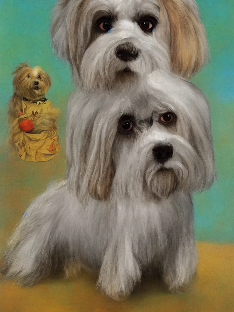 Prompt: portrait of a cream colored havanese dog, surreal background, by frieda kahlo