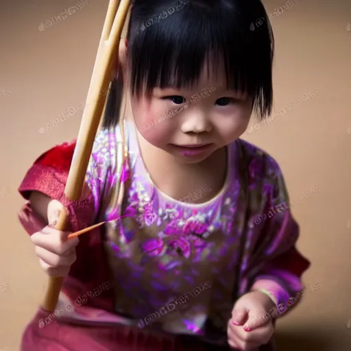 Prompt: Little Chinese girl with incense in her hand