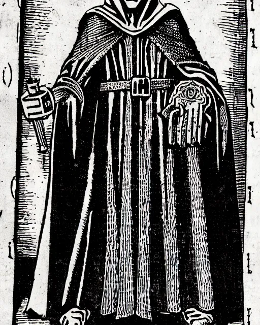 Image similar to b & w woodcut of doctor doom from the nuremberg chronicle, 1 4 9 3, restored, hq scan