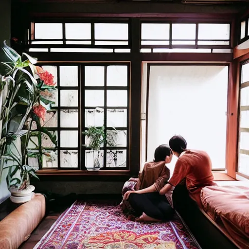 Image similar to cozy asian home, ambient, moody, couple, tiny