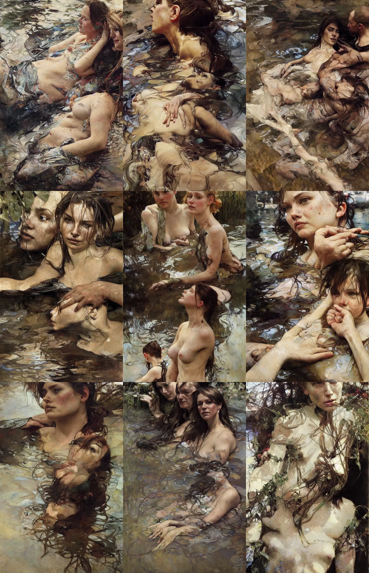 Prompt: hyperrealist portrait in a river by jeremy mann and alphonse mucha jenny saville, very detailed faces