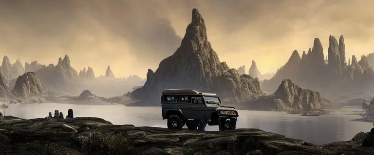 Prompt: Land Rover Defender 110 (1985), The Elder Scrolls V: Skyrim, Solitude seen in the distance, Blue Palace is seen in the distance towering above the landscape, Haafingar Hold, an epic fantasy, the sea seen behind the city, dramatic lighting, cinematic, establishing shot, extremely high detail, photorealistic, cinematic lighting, artstation, by simon stalenhag