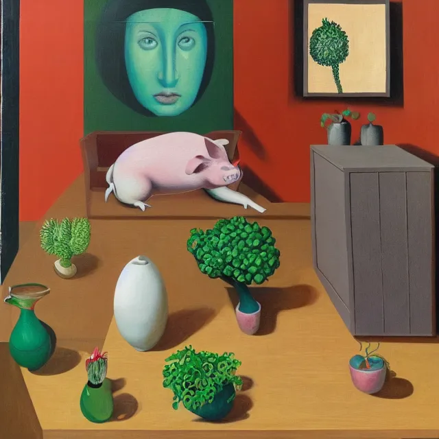 Prompt: a female art student in her apartment, plants in glasses, work in progress, pig, pomegranate, acrylic on canvas, surrealist, by magritte and monet