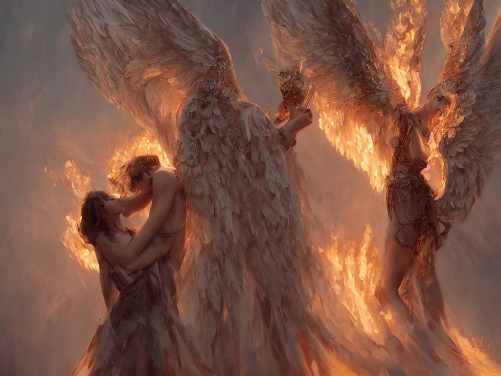 Image similar to angel holding a burning man in his arms, fantasy art, award winning, fantasy magic, intricate, elegant, sharp focus, cinematic lighting, highly detailed, digital painting, concept art, art by wlop and artgerm, masterpiece, trending on artstation, 8 k