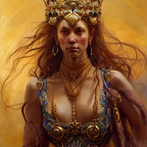 Image similar to highly detailed portrait of a majestic lioness queen in the form of a beautiful woman. d & d. art by donato giancola and eugene delacroix and ruan jia and carl larsson. trending on artstation, intricate details, energetic composition, golden ratio, concept art, illustration, elegant art, global illuminaition