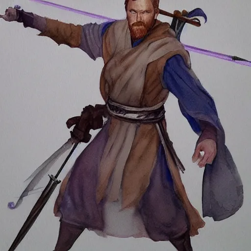Prompt: Obi Wan Kenobi as a dungeons and dragons character with a bow and arrow, watercolor, trending on artstation