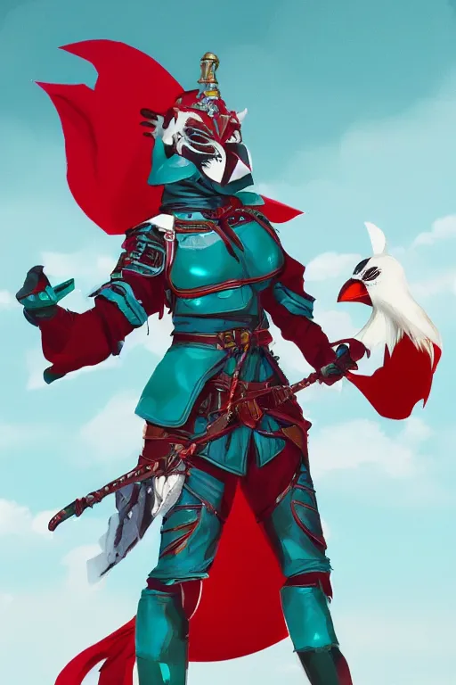 Image similar to female adventurer in tight full - body teal leather armor of japanese design with red accents and a white porcelain crow mask, trending in artstation, japanese, artstation, big moon in the background, establishing shot