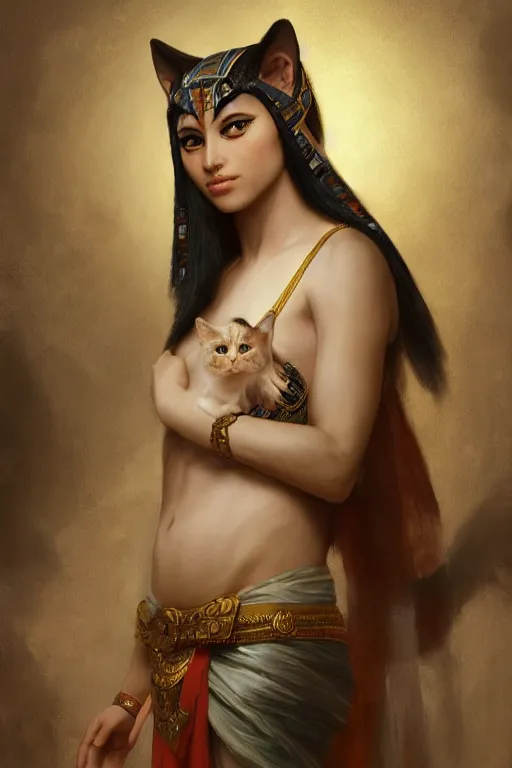 Image similar to portrait of the beautiful egyptian goddess, bastet, bast, woman / cat hybrid, soft torchlight in an egyptian tomb, digital art by ruan jia and mandy jurgens and artgerm and william - adolphe bouguereau, highly detailed, trending on artstation, award winning,