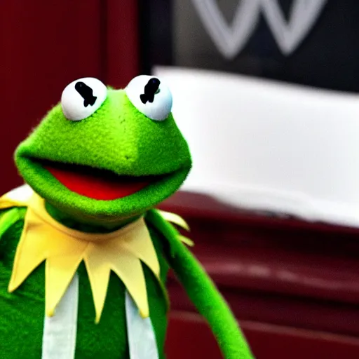 Image similar to kermit the frog gets tried for tax evasion, court