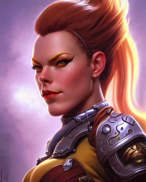 Image similar to brigitte from overwatch, fantasy, fantasy art, character portrait, portrait, close up, highly detailed, intricate detail, amazing detail, sharp focus, vintage fantasy art, vintage sci - fi art, radiant light, caustics, by boris vallejo