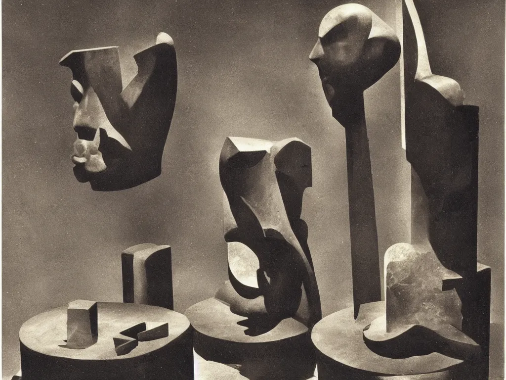 Prompt: marble greek sculpted obsidian luminescent chair and table with primitive mask. dark night with star. karl blossfeldt, brancusi, max ernst