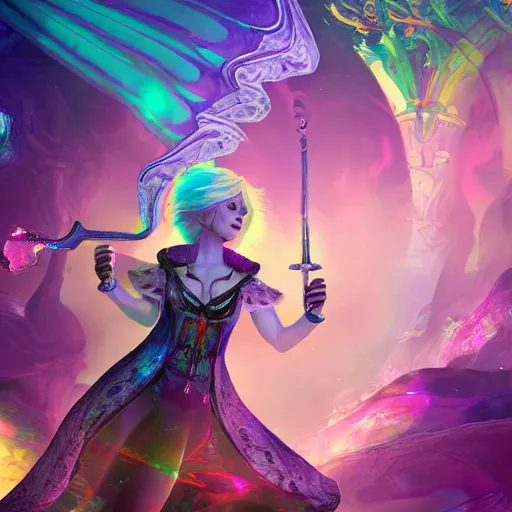 Image similar to Long Shot of psychodelic ciri in mysterious astral temple jumpin with pistol in river of chromatic SPIRITS , beautiful, dmt, trending on artstation, omnious, soft, hypermaximalistic, high details, cinematic, 8k resolution, artwork by Wong, Liam