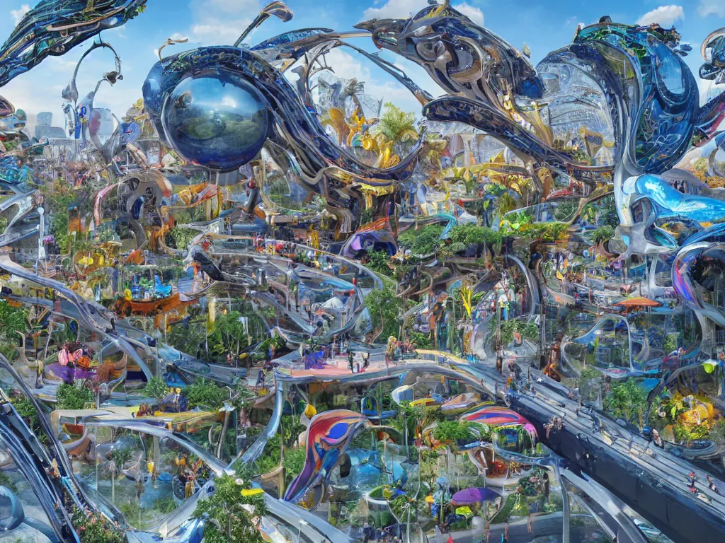 Image similar to a busy elaborate ornate outdoor science museum, cinematic, shadows, 4 k, detailed, by zaha hadid and lisa frank and peter jackson and ridley scott and beeple and greg rutowski