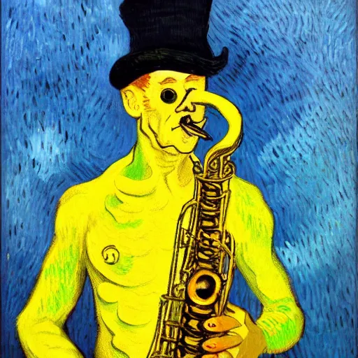 Image similar to man sitting in a yellow costume with a yellow hat holding a saxophone, smoking a cigarette, blue skin, blue smoke, dark background, realistic painting, artwork, meditative, impressionistic, van gogh, monet