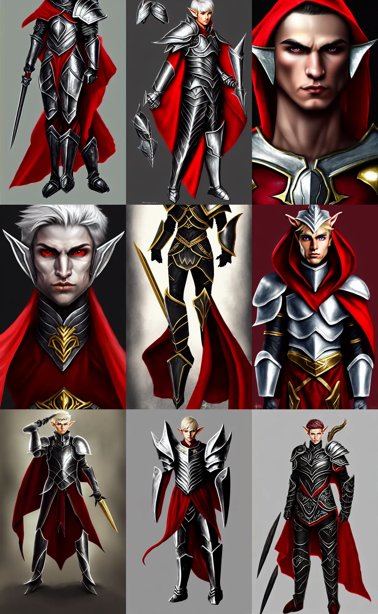 Prompt: A male elf, 20 years old, short silver hair, red eyes, wearing black heavy armor with gold trim, wearing a red cape, lean but muscular, attractive, command presence, royalty, weathered face, smooth, sharp focus, illustration, concept art, highly detailed, muscle definition, fantasy, ArtStation, ArtStation HQ
