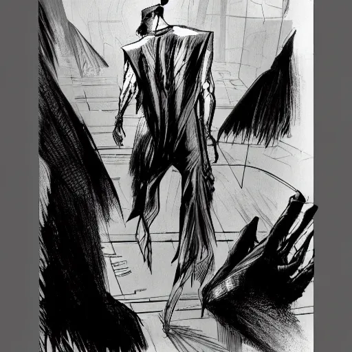 Image similar to concept art character, very high angle view, book cover, walking in cyberpunk valley, highly detailed full body, smooth, sharp focus, organic, appealing, book cover, deep shadows, by Dave McKean sketch lineart for character design