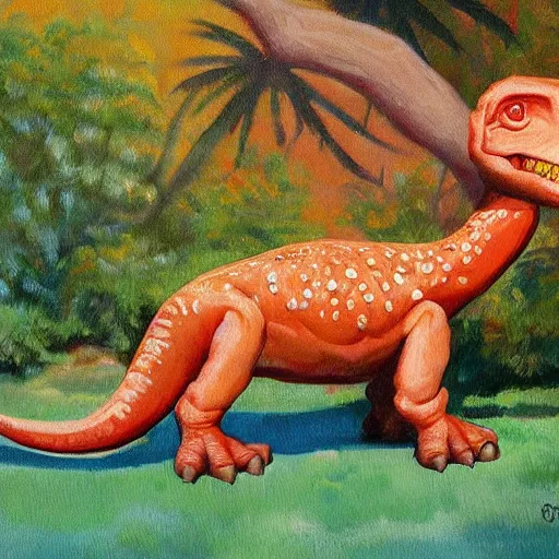 Prompt: eggroll iguanodon, eggroll dinosaur, iguanodon made of eggroll, eggronodon, painting by james gurney