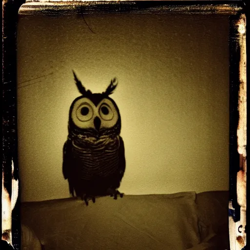 Prompt: paranormal polaroid of a singular menacing gigant owl perched on the bed headboard, low key lighting, creepy atmosphere