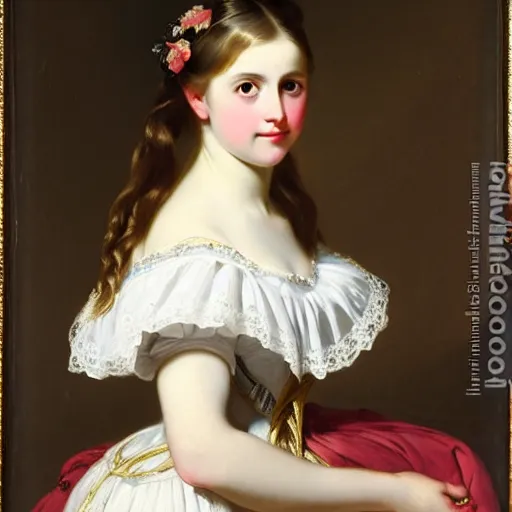 Image similar to portrait of a german teenage princess, circa 1 8 5 0 by franz xaver winterhalter, highly detailed, beautiful, oil on canvas, 1 8 5 0 s, romanticism