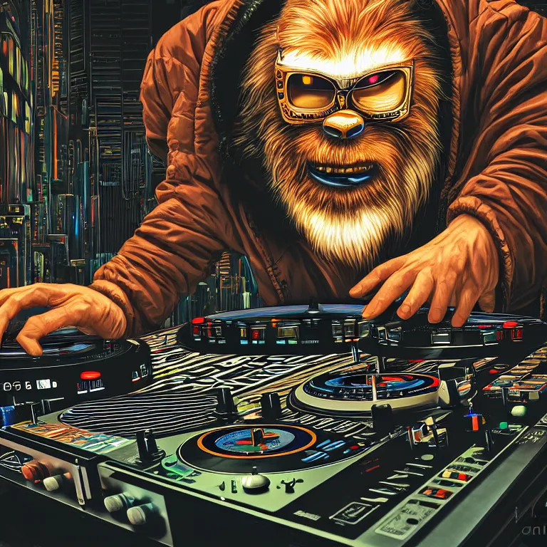 Image similar to a photograph portrait of an anthropomorphic cyberpunk bigfoot dj at the turntables spinning records, detailed render, tape deck, boombox, headphones, epic composition, cybernetics, 4 k realistic, cryengine, realistic shaded lighting, sharp focus, masterpiece, by matteo scalera, gary montalbano, peter elson in the style of the tokyo ghost comic