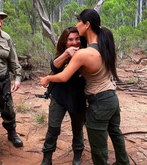 Prompt: Steve irwin hugging kim kardashian & lara Croft, Australian forest