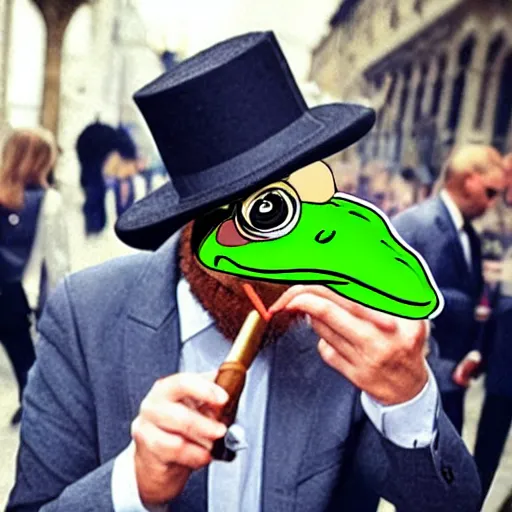 Image similar to a frog 🐸 wearing a suit smoking a cigar