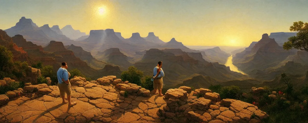 Image similar to romantic painting, wide shot of a chubby man in wearing a white t - shirt and blue shorts ( looking at his cellphone )!!!!!! in front of a the grand canyon at sunrise, highly detailed, sublime, hyperrealistic, painted by caspar david friedrich and albert bierstadt, trending on artstation 8 k