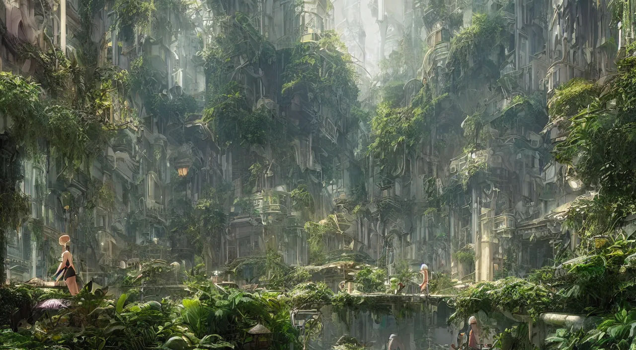 Prompt: Futuristic venice in Art Nouveau Architecture, movie concept art, Breath of the wilde, studio ghibli style, Lush vegetation with ferns, miyazaki, Craig Mullins dappled lighting, octane render, cinematic, photographic, realistic, highly detailed