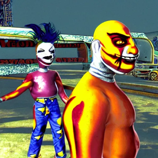 Image similar to Juggalo coneheads, twisted metal ps1 graphics