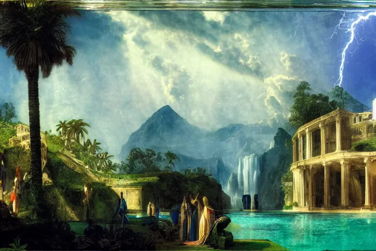 Image similar to Palace of the chalice, refracted sparkles, thunderstorm, greek pool, beach and Tropical vegetation on the background major arcana sky, by paul delaroche, hyperrealistic 4k uhd, award-winning, very detailed paradise