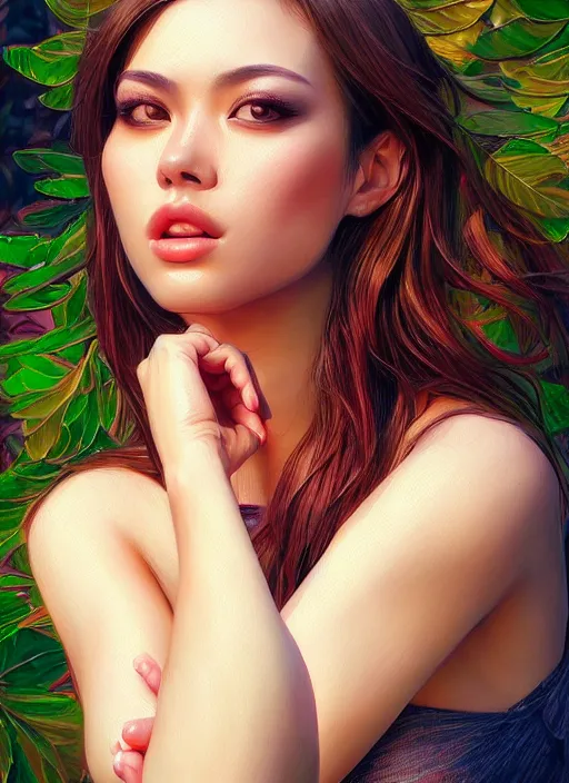 Image similar to photo of a gorgeous female in the style of stefan kostic, realistic, half body shot, sharp focus, 8 k high definition, insanely detailed, intricate, elegant, art by stanley lau and artgerm, extreme bokeh foliage, separation from background, frequency separation