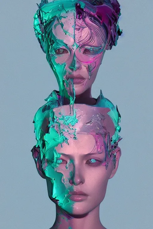 Prompt: epic 3 d abstract model, liquid headdress, 5 0 mm, with pastel pink and cerulean peanut butter, melting smoothly into other faces, liquid, delicate, beautiful, intricate, houdini sidefx, trending on artstation, by jeremy mann and ilya kuvshinov, jamie hewlett and ayami kojima