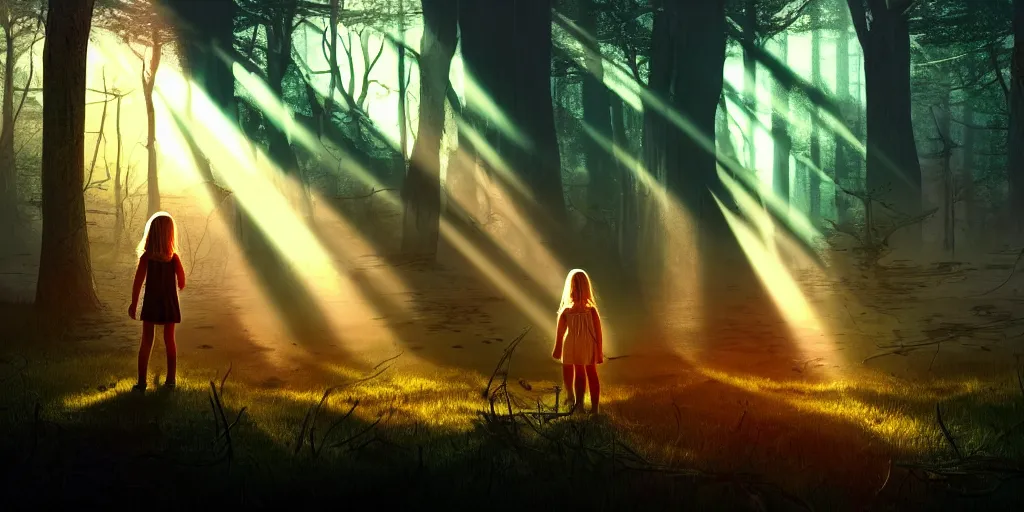 Image similar to sci - fi scene future new york, little girl holding a hand of a big robot, forest punk, crepuscular rays, epic scene, hyper realistic, photo realistic, overgrowth, cinematic atmosphere, ethereal lighting,