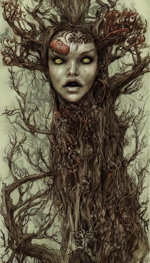 Prompt: rotten tree spirit dryad with a beautiful face and flaming mouth and eyes + mushrooms + fungi + lichen + sketch lines + graphite texture + old parchment + guillermo del toro concept art + justin gerard monsters, intricate ink illustration