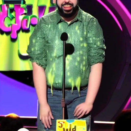 Prompt: Eliezer Yudkowsky slimed at Kid's Choice awards