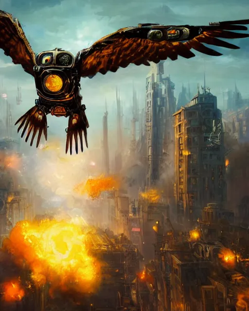 Prompt: oil painting of Gigantic Steampunk Owl Robot destroying city, sharp focus, exploding golden steampunk city background, full body, heroic pose, fantasy style, octane render, volumetric lighting, 8k high definition, by greg rutkowski, highly detailed, trending on art Station, magic the gathering artwork, centered, dramatic artwork, combat scene