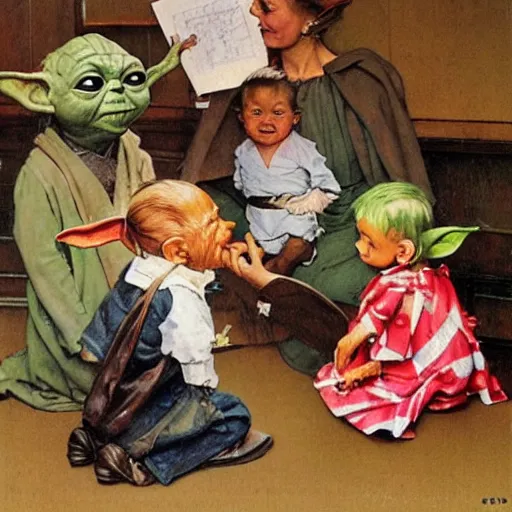 Prompt: Painting of Baby Yoda attending a kindergarden class, by Norman Rockwell